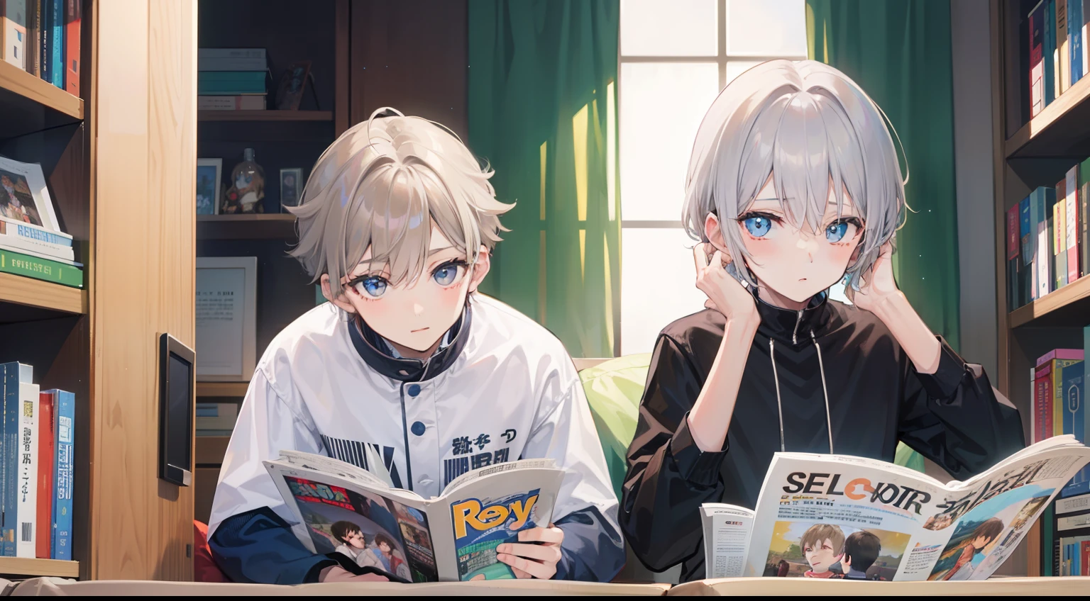 Two Boys, Silver-haired boy and brown-haired boy,Boy's room、Reading a magazine、Boys Love、Talking、hight resolution、ultra-detailliert