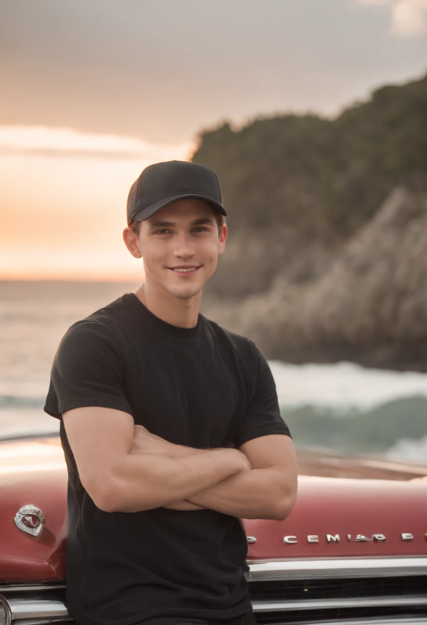 estilo pixar 3d, disney pixar, 23-year-old young man, tall and thin, fair skinned, in black shirt and cap, sitting on the hood of an old chevrolet, smiling, and behind him at sunset, on the beach, with several old chevrolet, mustang, porsche vehicles on display