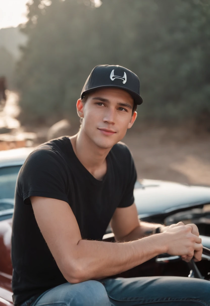 estilo pixar 3d, disney pixar, 23-year-old young man, tall and thin, fair skinned, in black shirt and cap, sitting on the hood of an old chevrolet, smiling, and behind him at sunset, on the beach, with several old chevrolet, mustang, porsche vehicles on display
