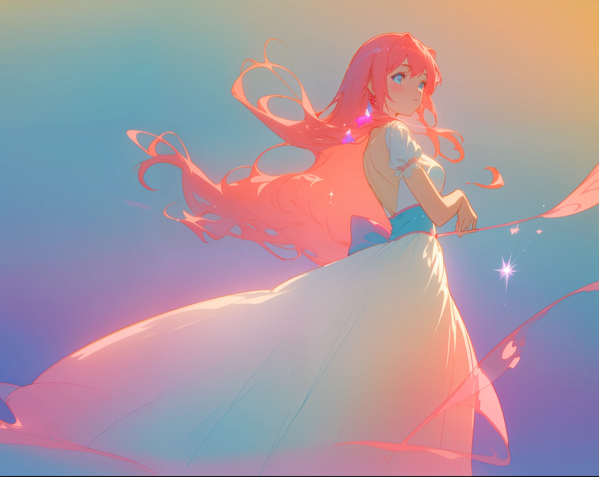 beautiful girl in pale blue and pink flowing ballgown, long flowing red peach hair, fantasia watercolor background, glowing aura around her, beautiful digital illustration, fantasia background, whimsical, magical, fantasy, beautiful face, ((masterpiece, best quality)), intricate details, highly detailed, sharp focus, 8k resolution, sparkling detailed eyes, liquid watercolor