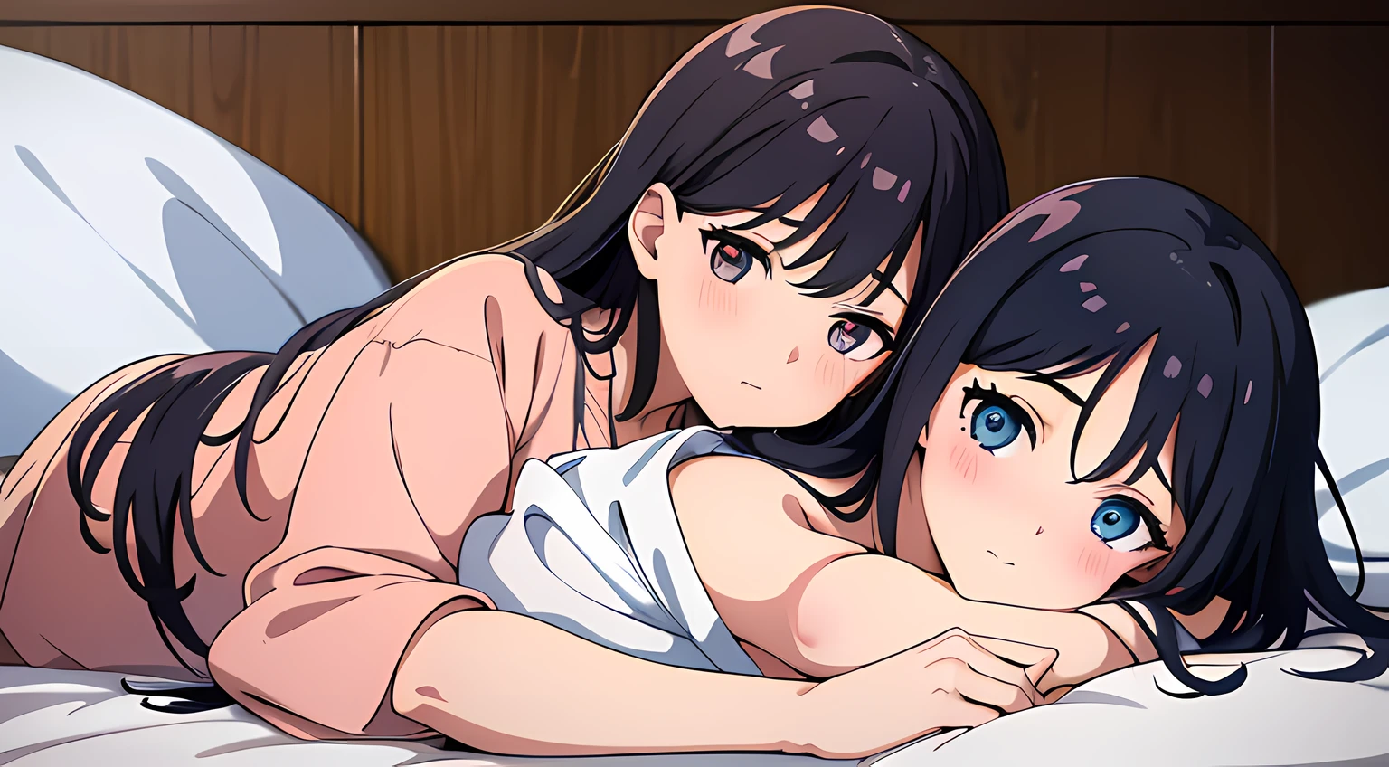 2 girls, (beautiful eyes finely detailed, long hair with different colors), wearing different outfit, laying down in bed, hugging each ohter, teasing facial expression, looking at the camera, blush on their face, master piece, sidelighting, top-quiality, detailed, full body photos, High Resolution anime illustration