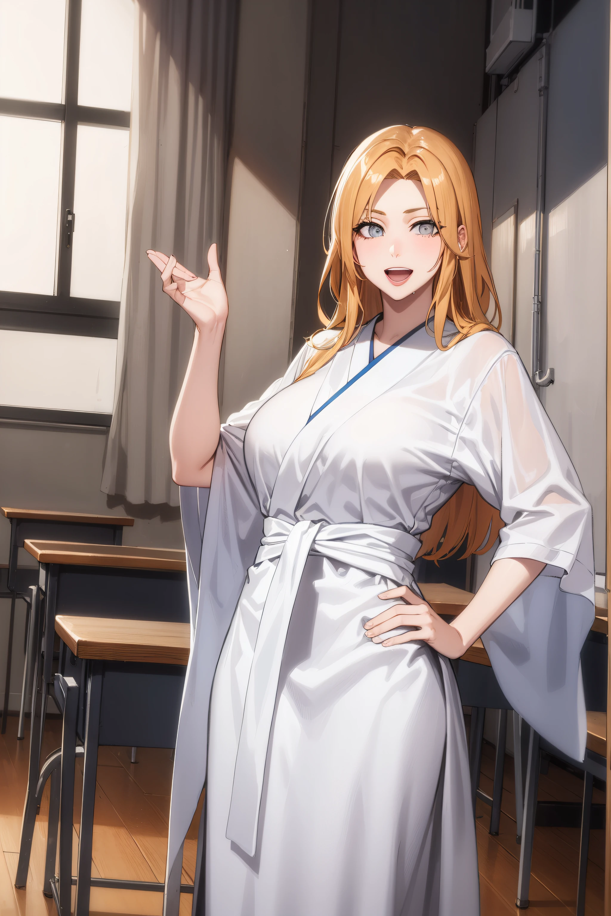 1women,milf, rangikumatsumoto, rangiku matsumoto, long hair, (grey eyes:1.5), orange hair, mole, mole under mouth, parted bangs, open mouth, smile,
BREAK wearing White_kimono,
BREAK indoors, classroom,
BREAK looking at viewer, (cowboy shot:1.5),standing,pose, hand on hip,
BREAK (masterpiece:1.2), best quality, high resolution, unity 8k wallpaper,NSFW ,(illustration:0.8), (beautiful detailed eyes:1.6), extremely detailed face, perfect lighting, extremely detailed CG, (perfect hands, perfect anatomy),