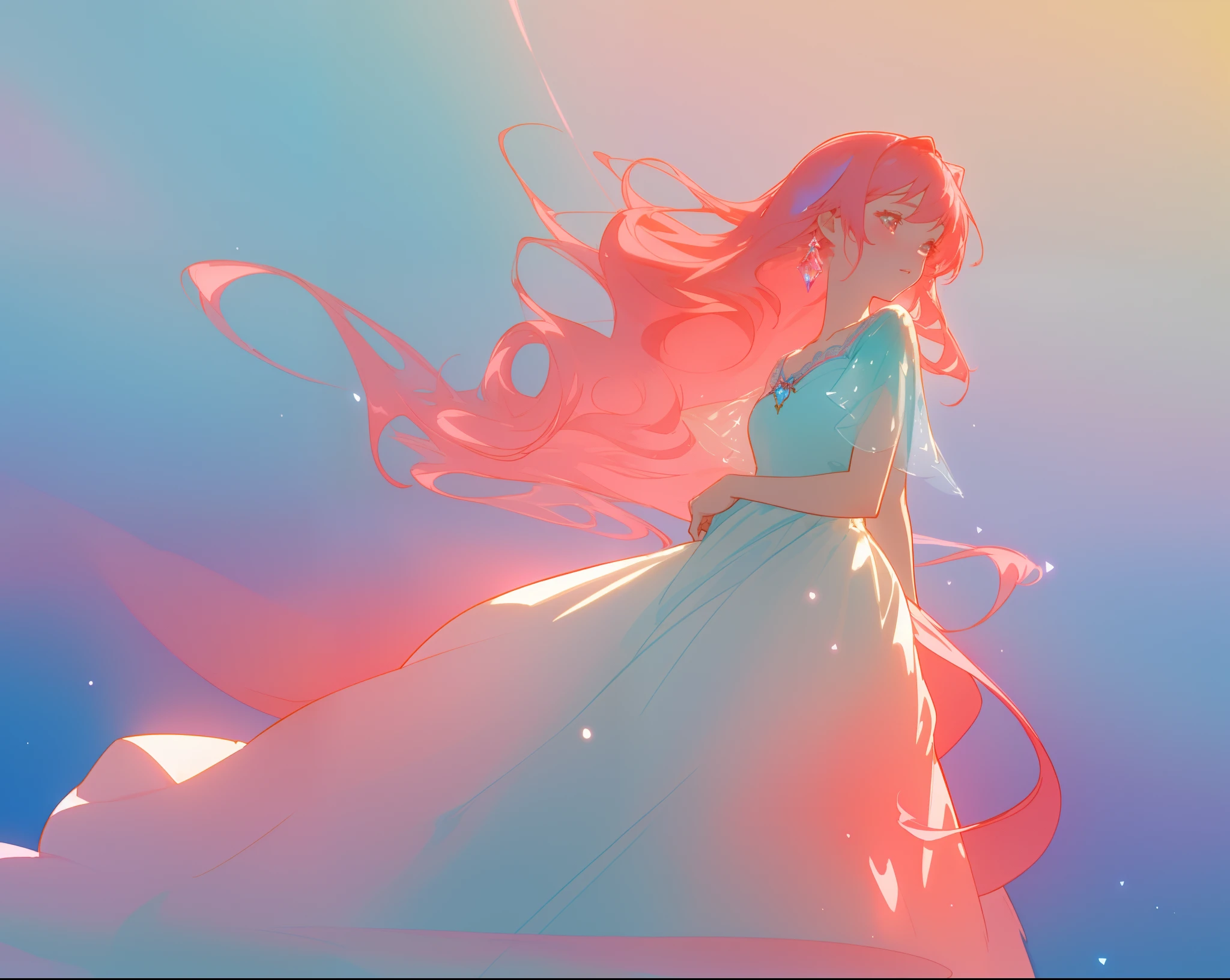 beautiful girl in pale blue and pink flowing ballgown, long flowing red peach hair, fantasia watercolor background, glowing aura around her, beautiful digital illustration, fantasia background, whimsical, magical, fantasy, beautiful face, ((masterpiece, best quality)), intricate details, highly detailed, sharp focus, 8k resolution, sparkling detailed eyes, liquid watercolor