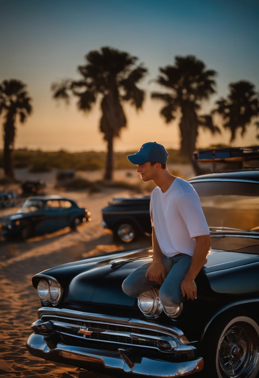 estilo pixar 3d, disney pixar, 23-year-old young man, tall and thin, fair skinned, in black shirt and cap, sitting on the hood of an old chevrolet, smiling, and behind him at sunset, on the beach, with several old chevrolet, mustang, porsche vehicles on display