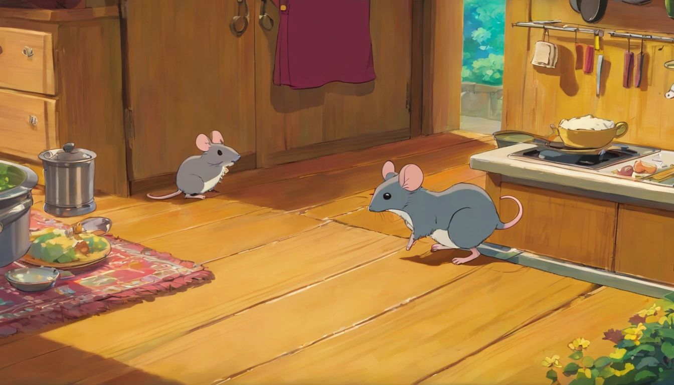 The mother mouse looked down at the mouse who was looking at her,She was smiling,Warm and tolerant,In the background is the kitchen table,The color is bright,Bright colors