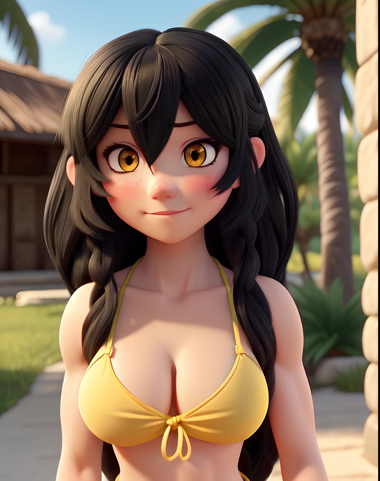 ((muscular)) girl black hair yellow eyes pale skin solo embarrassed (blushing) flustered bashful huge breasts very long hair (string bikini)