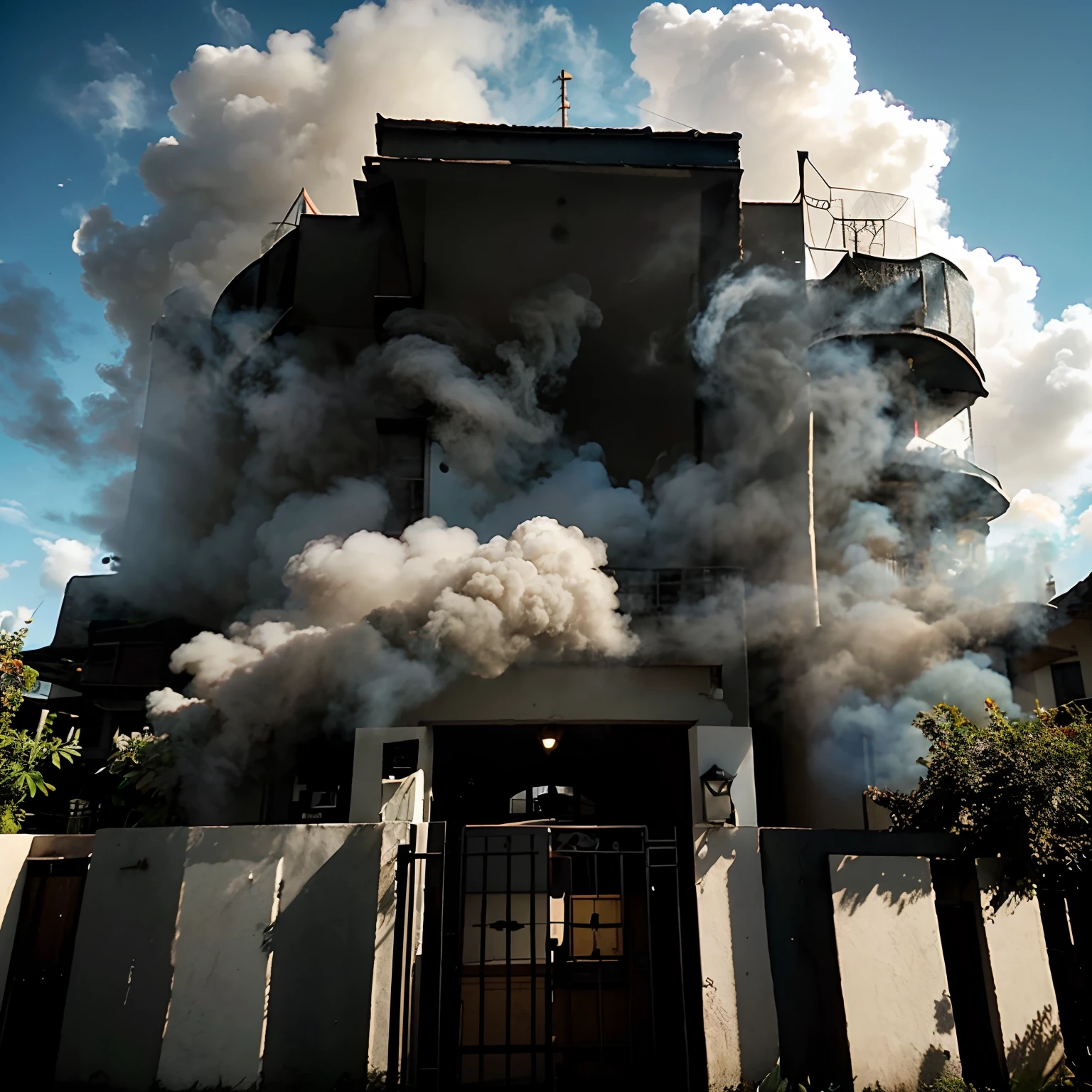 Puerta negra de una casa de 1 piso, Hidden by a cloud of smoke coming out of the house, Nubes que cubren solo la puerta, Nubes de 2 metros de altura, surrealist photography, cancha de pavimento enfrente de la casa, puerta brumosa, casa fantasma, fuzzy lighting, Extremely high angle, Instax, colores pastel