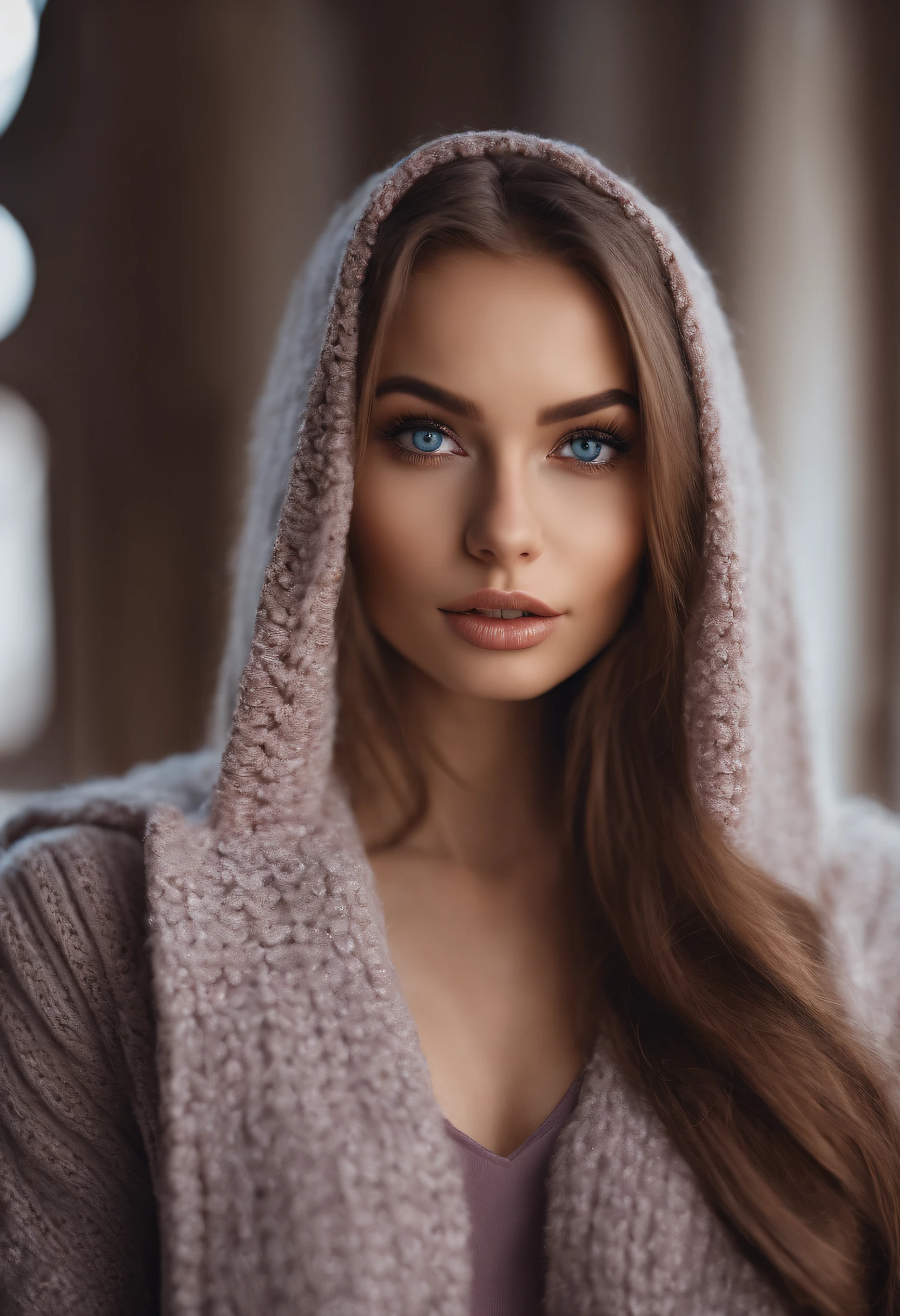 Arafed woman with a beautiful winter outfit, Sexy girl with blue eyes, portrait sophie mudd, brown hair and big eyes,Zimmeraugen, Violet Myers, kein Make-up, Natural makeup, Blick direkt in die Kamera, Gesicht mit ArtGram, dezentes Make-up,Selfie ohne Balken, Spaltung