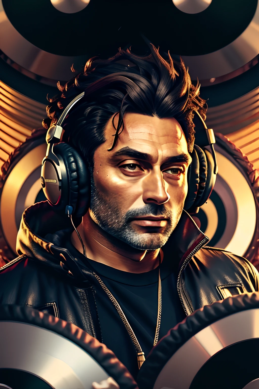 DJ, homem com pele branca, Cabelos brancos curtos, barba branca, headphones on head, Toca-discos, LP, 4k, Realistic,
