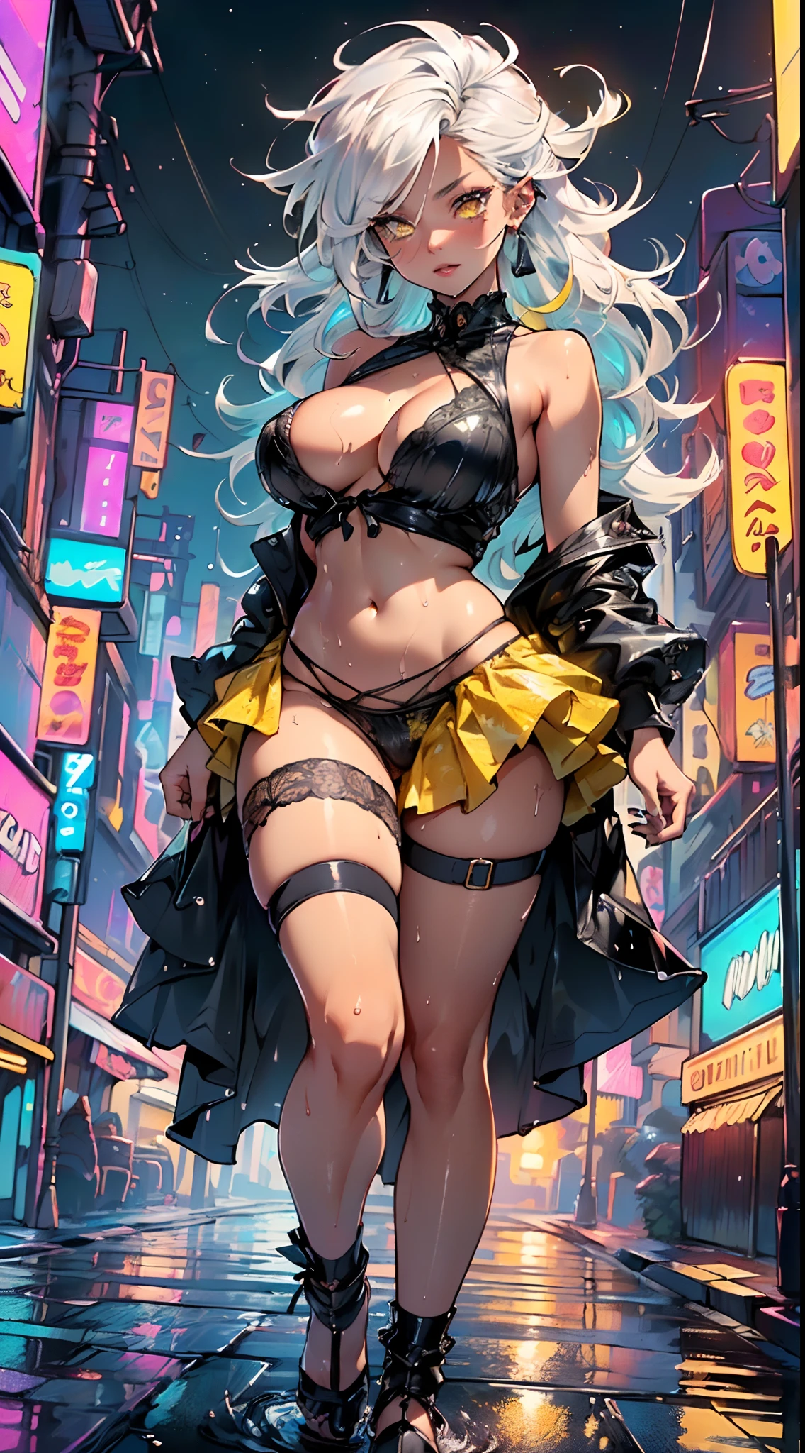 girl rave,(((1girl))),((girl with extremely cute and beautiful white hair)),dark skin,very dark skin,dark_skin,
(large breasts:1.4),saggy breasts,(((white hair:1.35,straight hair,long hair:1.4,colored inner hair,ear breathing))),(((light_yellow_eyes:1.3))),intricate eyes,beautiful detailed eyes,symmetrical eyes,big eyes:1.5,((fat)),((((black girl,black skin,dark-skinned_female,dark skin:1.3,ebony skin,lustrous skin:1.5,bright skin: 1.5,shiny skin,very shiny skin,shiny body,plastic glitter skin,exaggerated shiny skin,shiny skin like ebony,illuminated skin, wet legs))),(spider lower abdomen,narrow waist,wide hip,athletic body,inflated legs,detailed body,(detailed face)),
cute,slutty,seductive,erotic,((nsfw)),
zettai ryouiki,revealing clothing,show skin,((rave shirt with an yellow print,rave mini-skirt,visible thong straps)),((underpants strap)),(wearing a rave outfit:1.3,rave clothes,semi-naked,with little clothing),((wet clothes,intricate outfit,intricate clothes)),
(dynamic pose:1.0),solo focus,embarrassed,(centered,scale to fit dimensions,Rule of thirds),
cyberpunk city by the ocean at night, with bright neon signs and dark stormy clouds and puddles, scenery:1.25,nighttime, starry night, cosmos,
artistic photography,(photography taken by sldr),highres, sharp focus, (ultra detailed, extremely detailed), (photorealistic artwork:1.37),(extremely detailed CG unity 8k wallpaper),((synthwave background theme)),(((vibrant colors))),(intricate background),(masterpiece),(best quality),