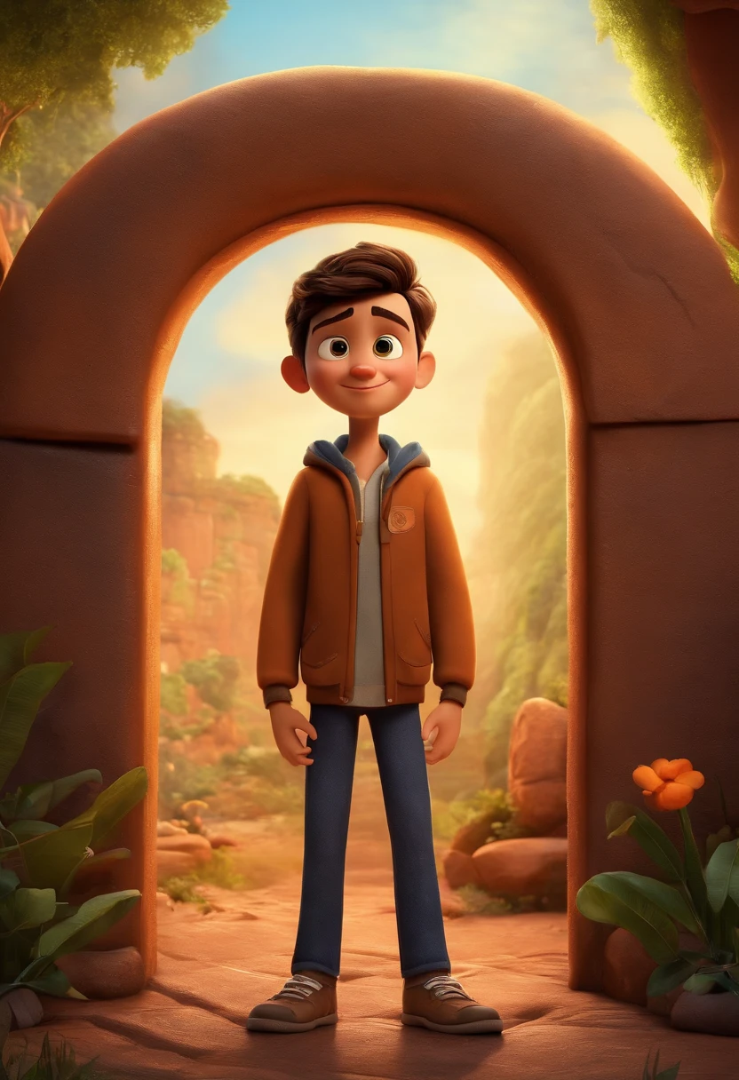 Imagem de um menino carregando sua espadaem formato Pixar, He's skinny and he's striking a pose in front of a portal. Tem cabelos curtos castanho e olhos preto