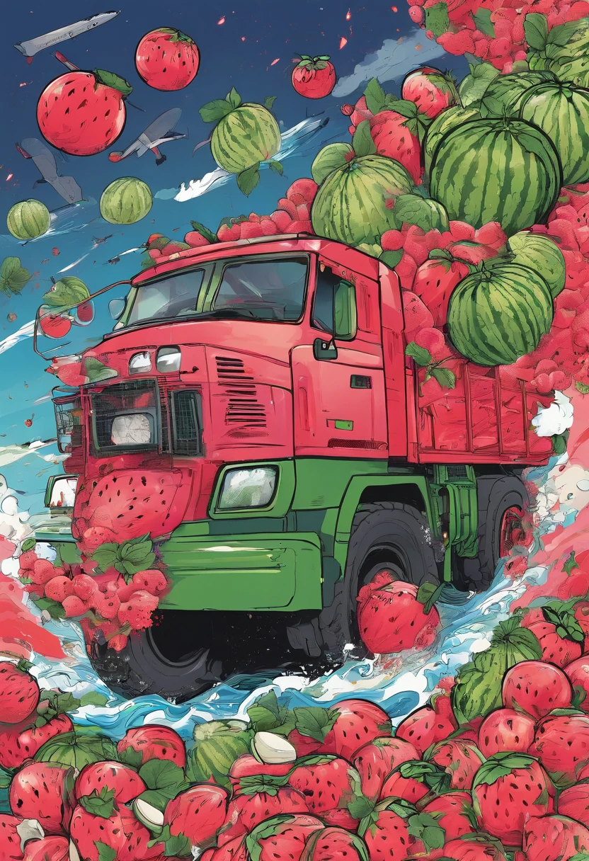 Indonesia gives Palestine lots of watermelons with big trucks and planes. some fruit was placed in the bombing tank. then watermelons attack Israel, replacing bombs