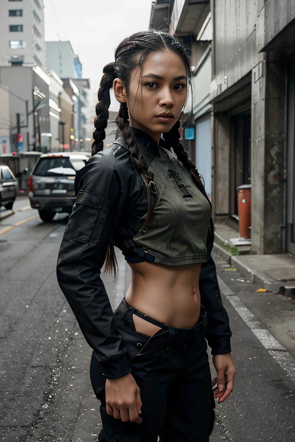 hyper-realistic,strikingly beautiful woman, mixed American and Japanese descent, petite, slim, muscular build, long, dark hair, tight twin braids, reinforced tech cargo gear clothes, Japanese design flair, realistic, natural human proportions, focused expression, sides shaved, background post-apocalyptic environment, fully clothed, zombie apocalypse armour