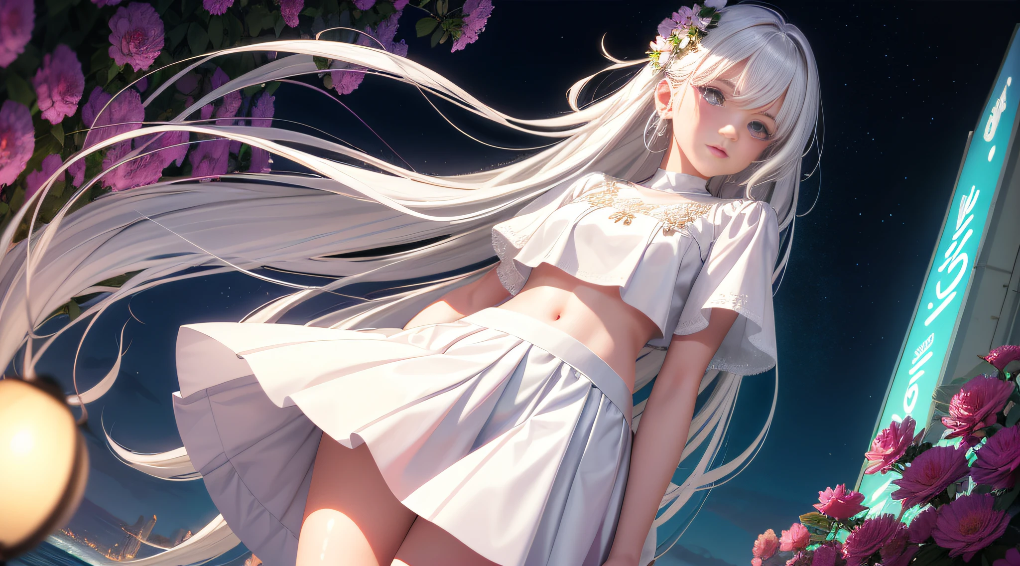 Realistic, 1girl, white hair, purple eyes, glowing eyes, cropped top, skirt, parted lips, blush, night, flowers, sun, sunlight, white skirt, short skirt, medium length hair, real, warm colors, white short Dress, white clothes, light background color, day environment, bright color background, saudi, ocean, cute,
