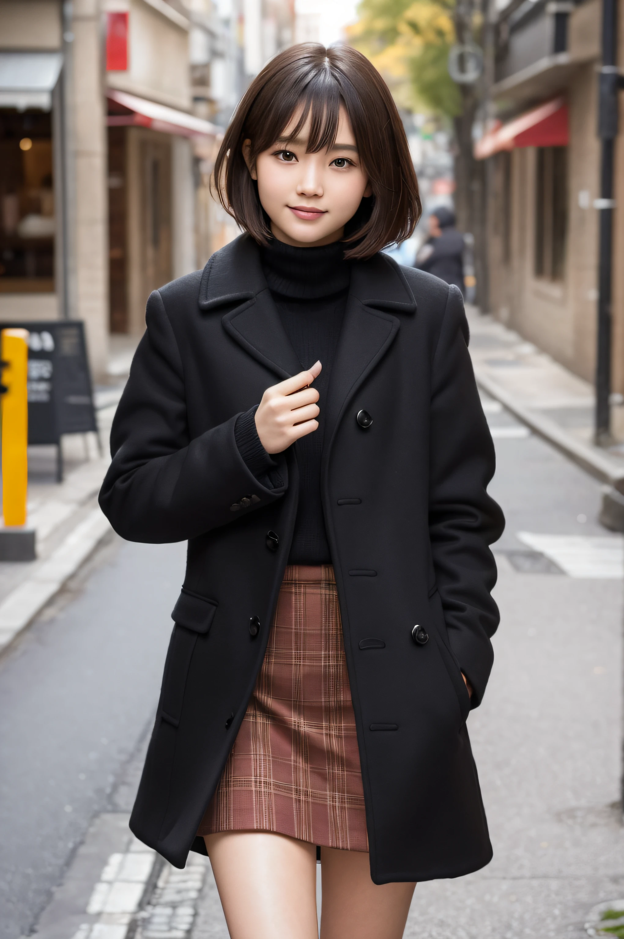 japanese girl, posing on the walking street, in autumn,(wearing black duffel coat),(putting on tartan check miniskirt), (photoshoot style, shooting from front, upper knee statue, body facing forward), 26 years old, (toned body type:1.2, tall height 5.35 feet), (normal breast :1.2, hemispherical udder silhouette:1.2), little smiling, perorbital swelling, brown fluffy and wavy short-cut hair, natural bangs, detailed brown eyes, detailed finger, suppin, no make, (photorealsitic:1.4), (high-resolution details of human skin texture:1.2, rough skin:1.2, Uneven skin tone:1.6, skin texture must be natural:1.1), top-quality, ​masterpiece, high resolution, raw photo, natural soft light, professional lighting