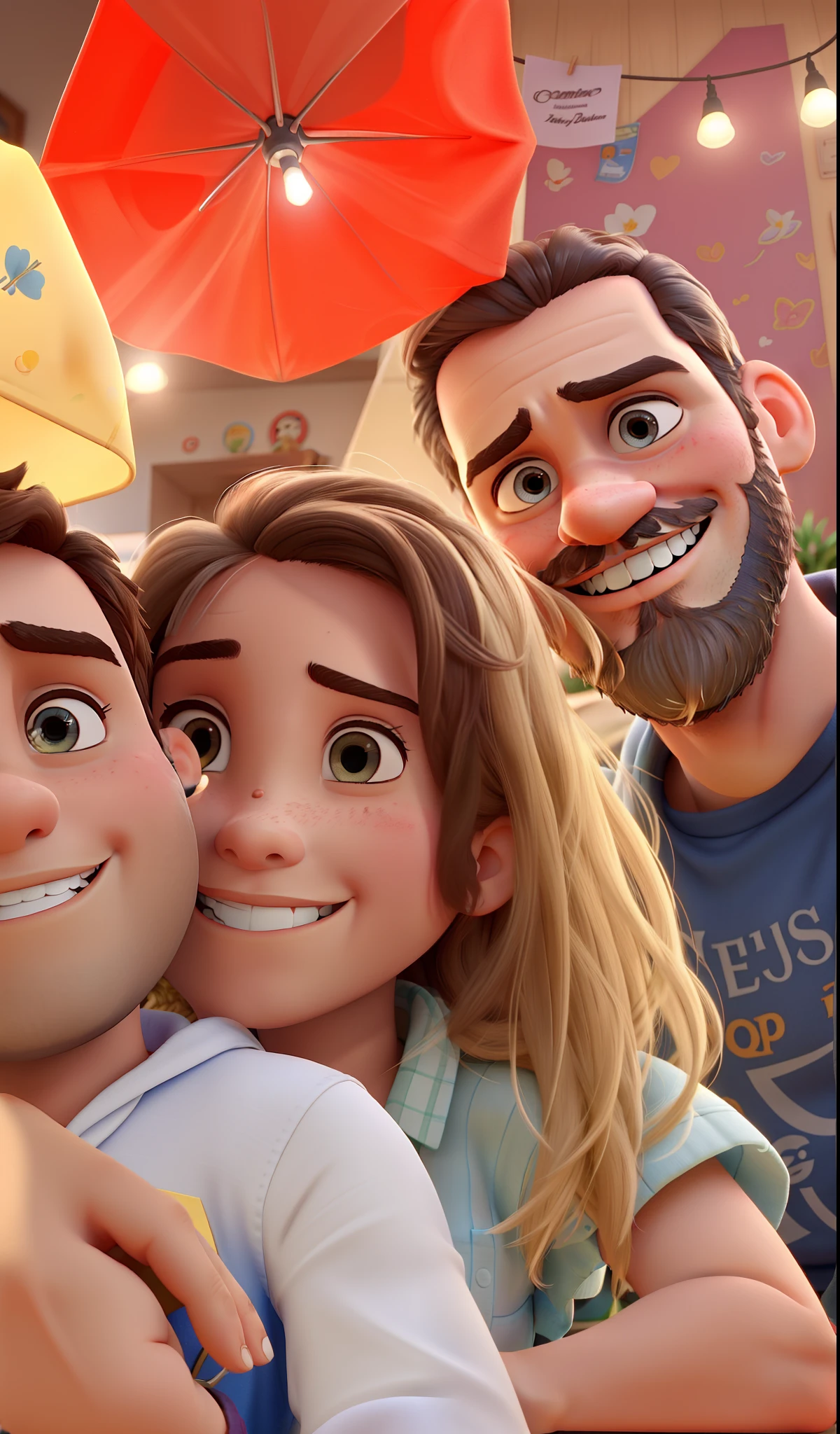 mulher loira. Menino de 4 anos. Homem com barba. Estilo Disney Pixar, qualidade alta da imagem melhor qualidade.