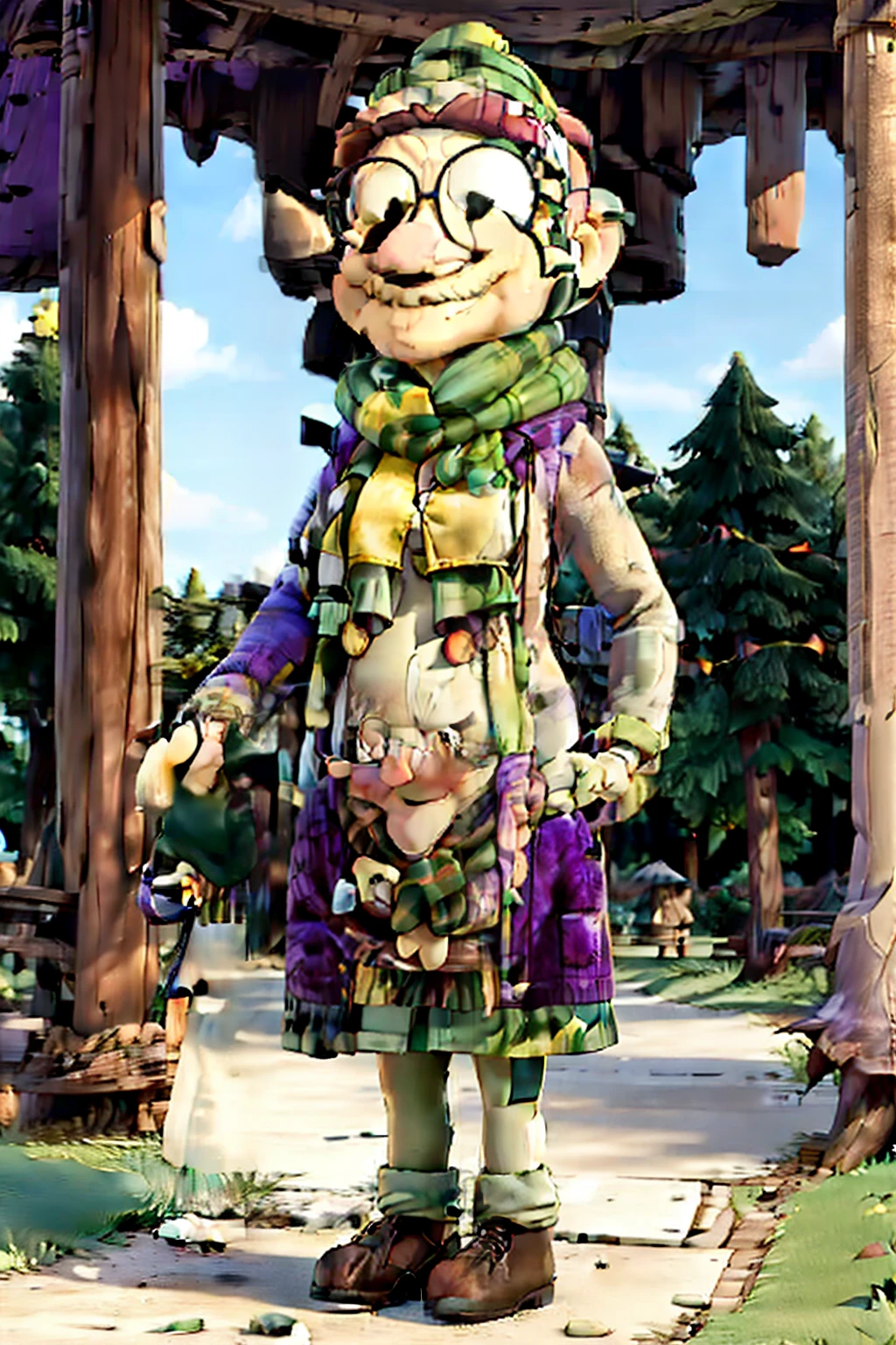 masterpiece, best quality, an old woman with glasses and a scarf on, wearing a purple coat and green scarf, standing at the park