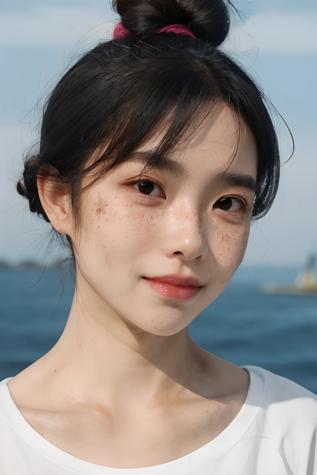 1girls, idol, close up shot, clavicle,  ,, Photograph, Skin, Depth of Field, skin texture, t-shirt, Rubber Band, Top Knots, long-haired, messy hair, A little freckles.,