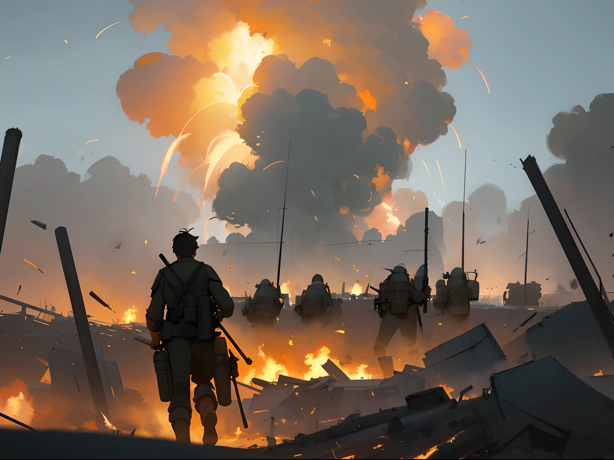 T54 tank Kolom on the battlefield, Soft light, acrycle painting, Popular on Pixiv fan boxes, Palette knife and brush strokes, Makoto Shinkai's style Jamie Whees James Gilliard Edward Hopper Greg Rutkowski Studio Ghibli Influence of Genshin , trending on artstationh, Sharp focus, studio photo, Intricate details, Background of the explosion, The background of the explosion is a battlefield filled with flames,Highly detailed, by Greg Rutkowski. Soldiers walked through the destroyed city, After the war, There is a firefighting landscape, Cinematic, Dramaticlight, Dark atmosphere, Epic realist, 8K