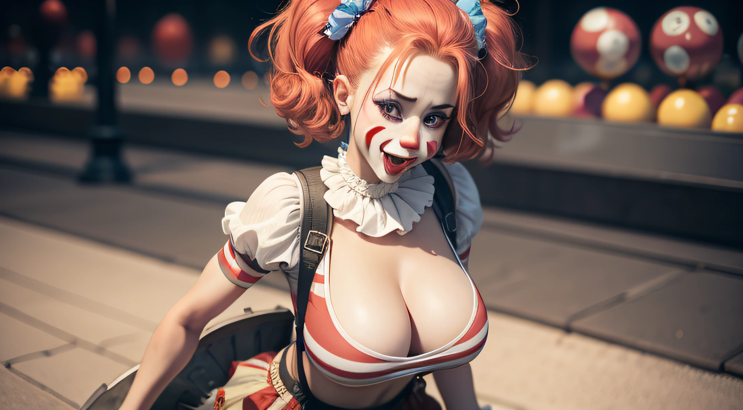 realistic, sexy female clown, with big tits and pretty face , riding a unicycle on a pavement, holding bowling pins