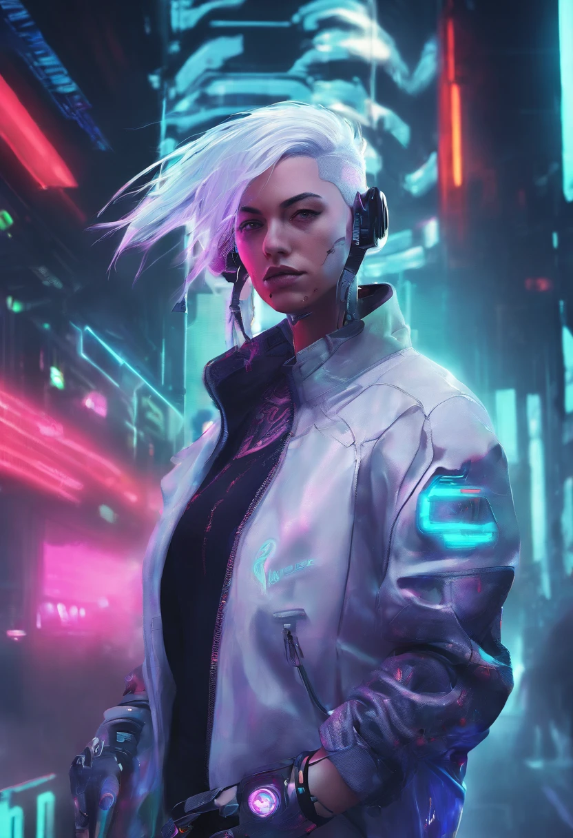 1 male, white hair, male with female features , netrunner
