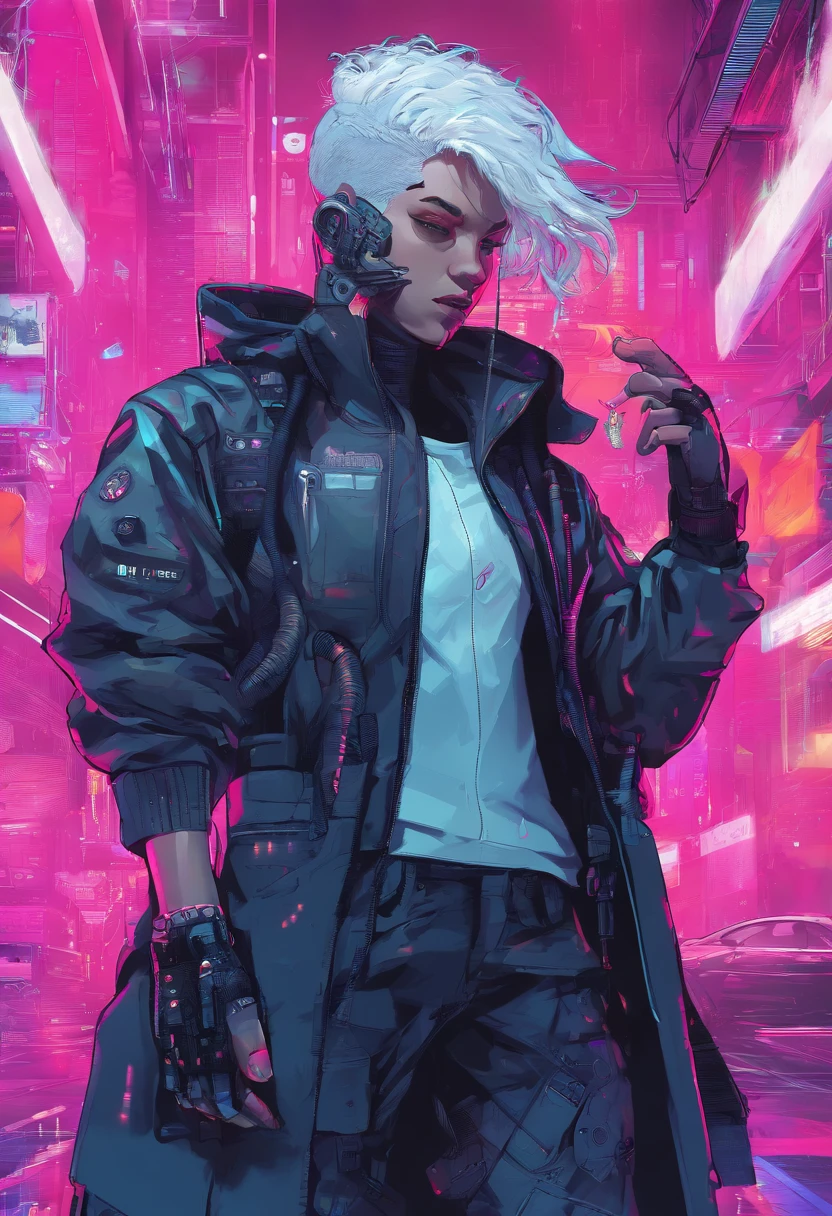 1 male, white hair, male with female features , netrunner