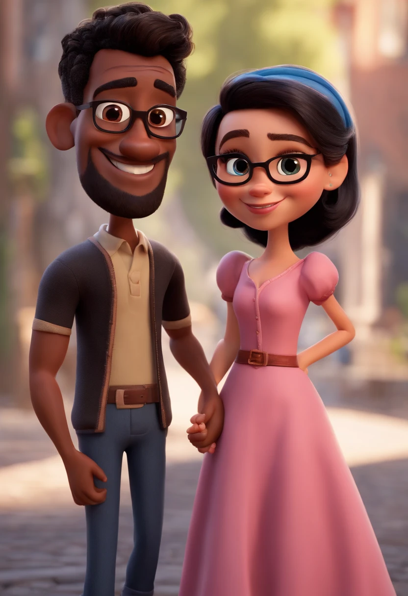 Cartoon character of a couple Disney pixar, couple of 25 year olds, white girl with straight black hair on her shoulders, big eyes, with glasses, wearing a pink dress, next to a boy with a beard, dark skin, straight black hair with a pompadour, brown eyes, wearing a black t-shirt and blue pants, white sneakers, couple holding hands, happy, personagens animado tipo pixar, Caractere estilizado, animation style rendering, 3D estilizado, Arnold Maya render, 3d render stylized, toon render keyshot, Personagem 3D, Personagem 3D, 3d rendering stylized, 3 d character render, personagem de desenho animado, Personagem de close up, Pose de personagem, (Estilo Pixar) (master part:1.2) (Bokeh) (melhor qualidade) (pele detalhada) (textura detalhada) (8k) (argila) (Cinematic lighting) (foco nítido，Senta e vaza a parte superior do corpo