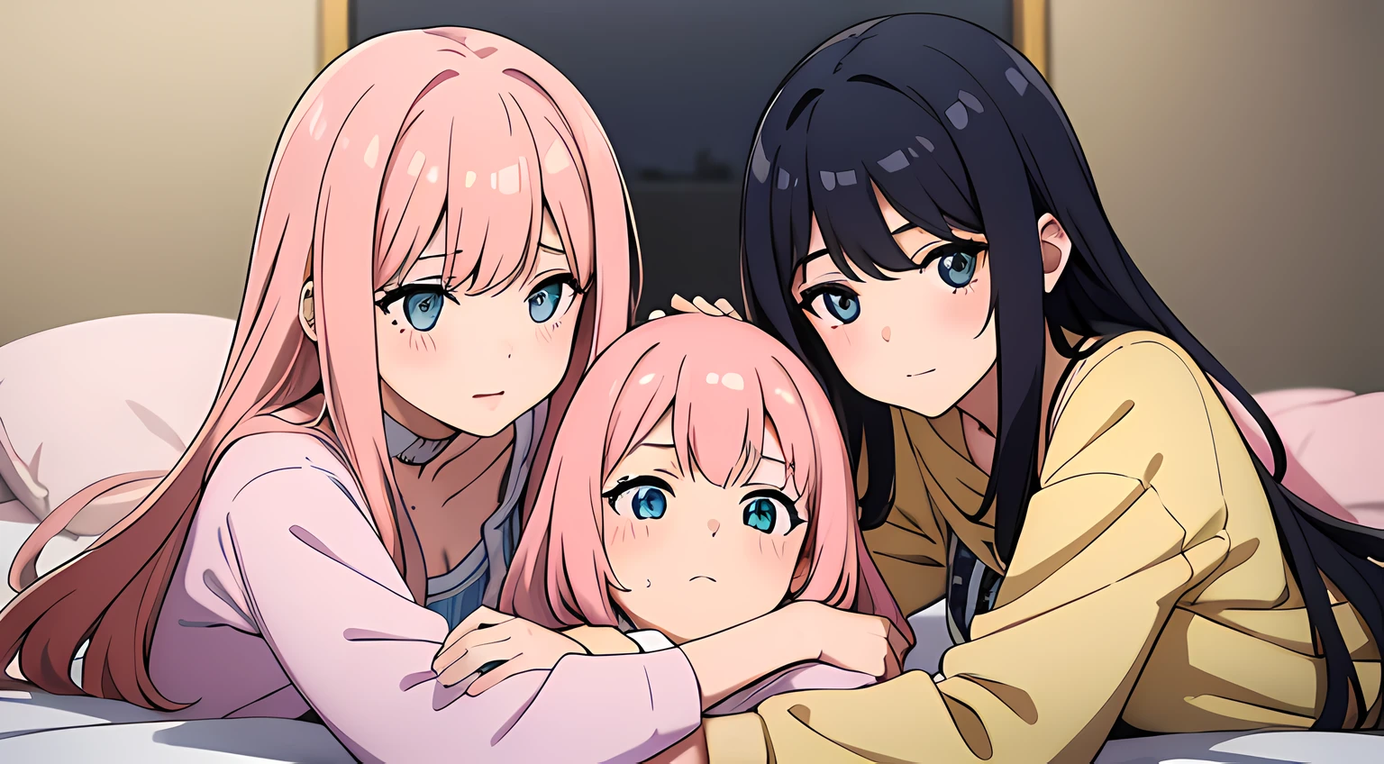 2 girls, (beautiful eyes finely detailed, long hair with different colors), wearing different outfit, laying down in bed, hugging each ohter, teasing facial expression, looking at the camera, blush on their face, master piece, sidelighting, top-quiality, detailed, full body photos, High Resolution anime illustration