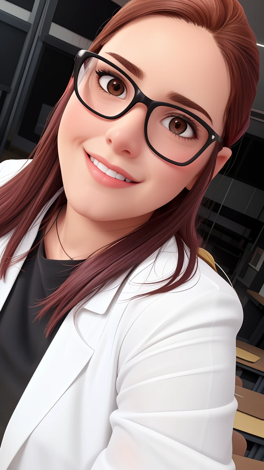 Uma mulher de 18 anos, com longos cabelos castanhos escuros , Rosto redondo, sorriso encantador, e olhos castanhos, In a classroom, studio lighting, sign language interpreter and sign language teacher. She's wearing black clothes, blouse and black jeans