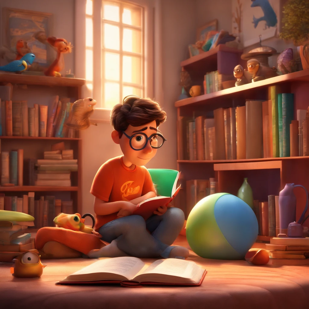 fundo branco, pixar desenhos animados 3D, homem lendo um livro, ::estilo pixar cartoon