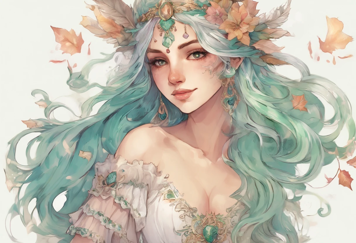 Mulher , adulta , roupas longas , cabelo verde azulado , Tattoos on the arm, roupas brancas , white dress , maga , magia , celestial , semideusa , 5-fingered hands