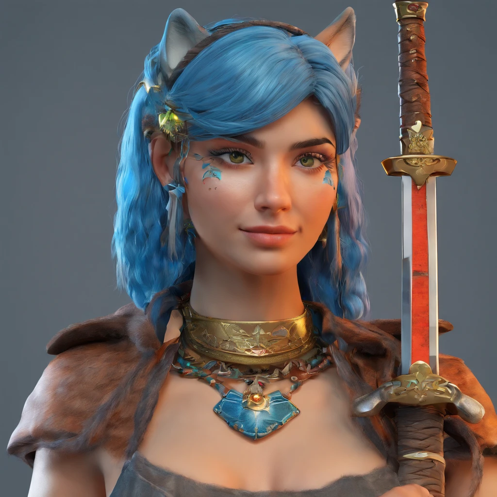 Garota de olhos castanhos escuros, Wolf necklace and with blue hair and with a katana in his hand