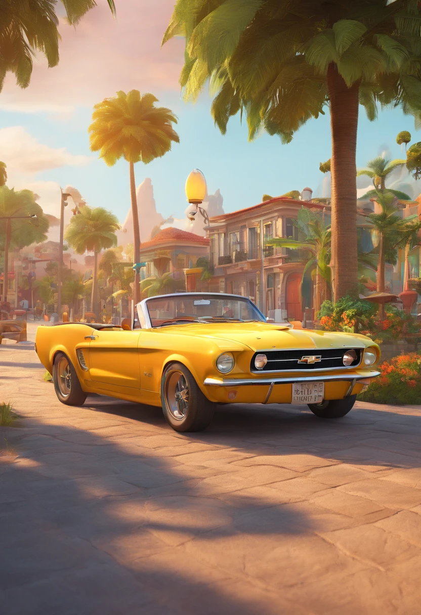 Cartoon of friends having fun on vacation together, 3D Animation Movie Poster, Poster de filme animado, Jovem de 23 anos, alto e magro, pele clara, with black shirt and cap, sentado no capo de um chevrolet antigo, sorrindo, And behind him in the sunset, na praia, With several vintage chevrolet vehicles, mustang, Porsche on display, pixar renderman rendering, maia 8 mil, animated film, Disney Pixar Estilo 3D, Disney Pixar Animation Poster