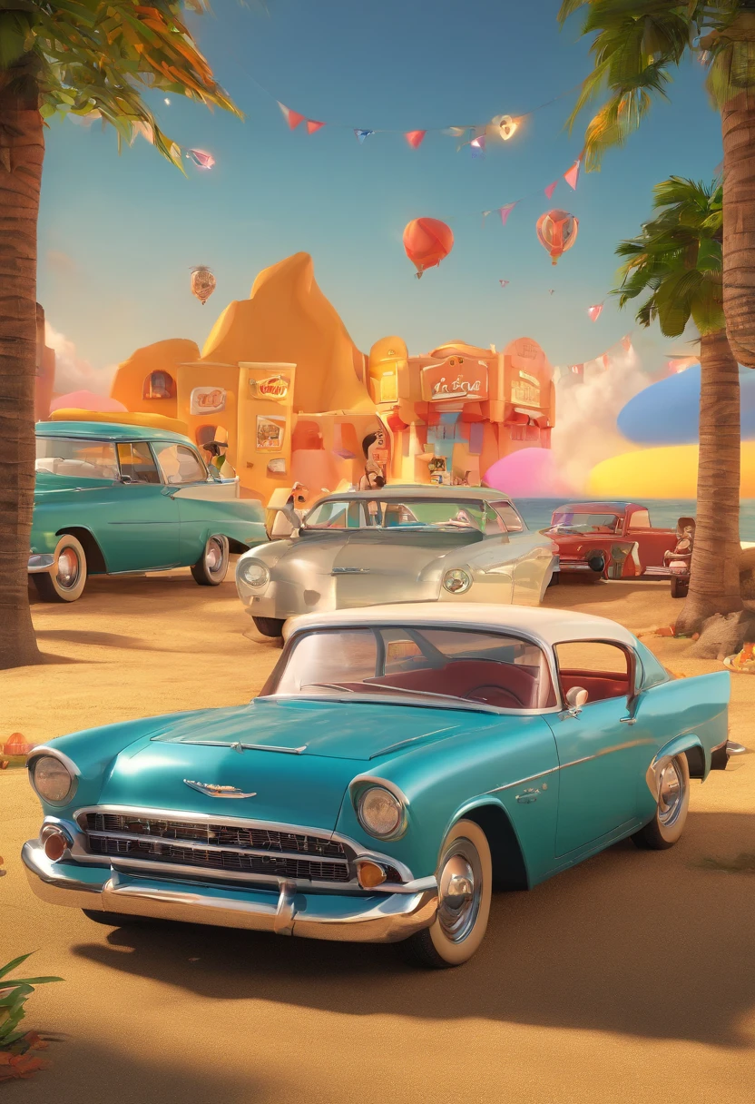 Cartoon of friends having fun on vacation together, 3D Animation Movie Poster, Poster de filme animado, Jovem de 23 anos, alto e magro, pele clara, with black shirt and cap, sentado no capo de um chevrolet antigo, sorrindo, And behind him in the sunset, na praia, With several vintage chevrolet vehicles, mustang, Porsche on display, pixar renderman rendering, maia 8 mil, animated film, Disney Pixar Estilo 3D, Disney Pixar Animation Poster