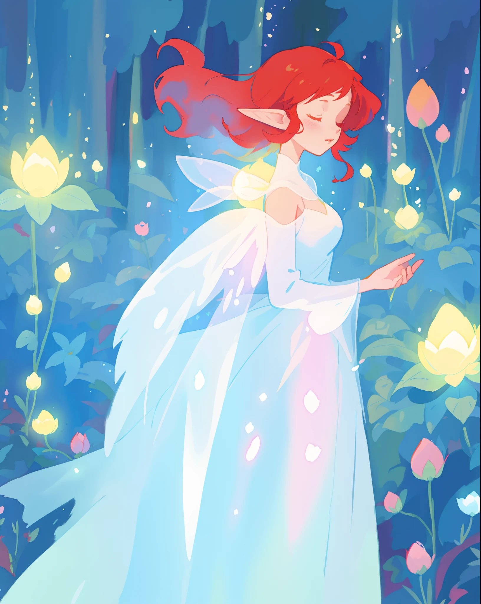 beautiful elf girl in glowing white ballgown, fairy queen, glowing large white fairy wings, blue and gold forest and flowers background, flowing red hair, watercolor illustration, flowers and colorful plants, disney art style, glowing aura around her, glowing lights, beautiful digital illustration, fantasia otherworldly landscape plants flowers, beautiful, masterpiece, best quality, anime disney style