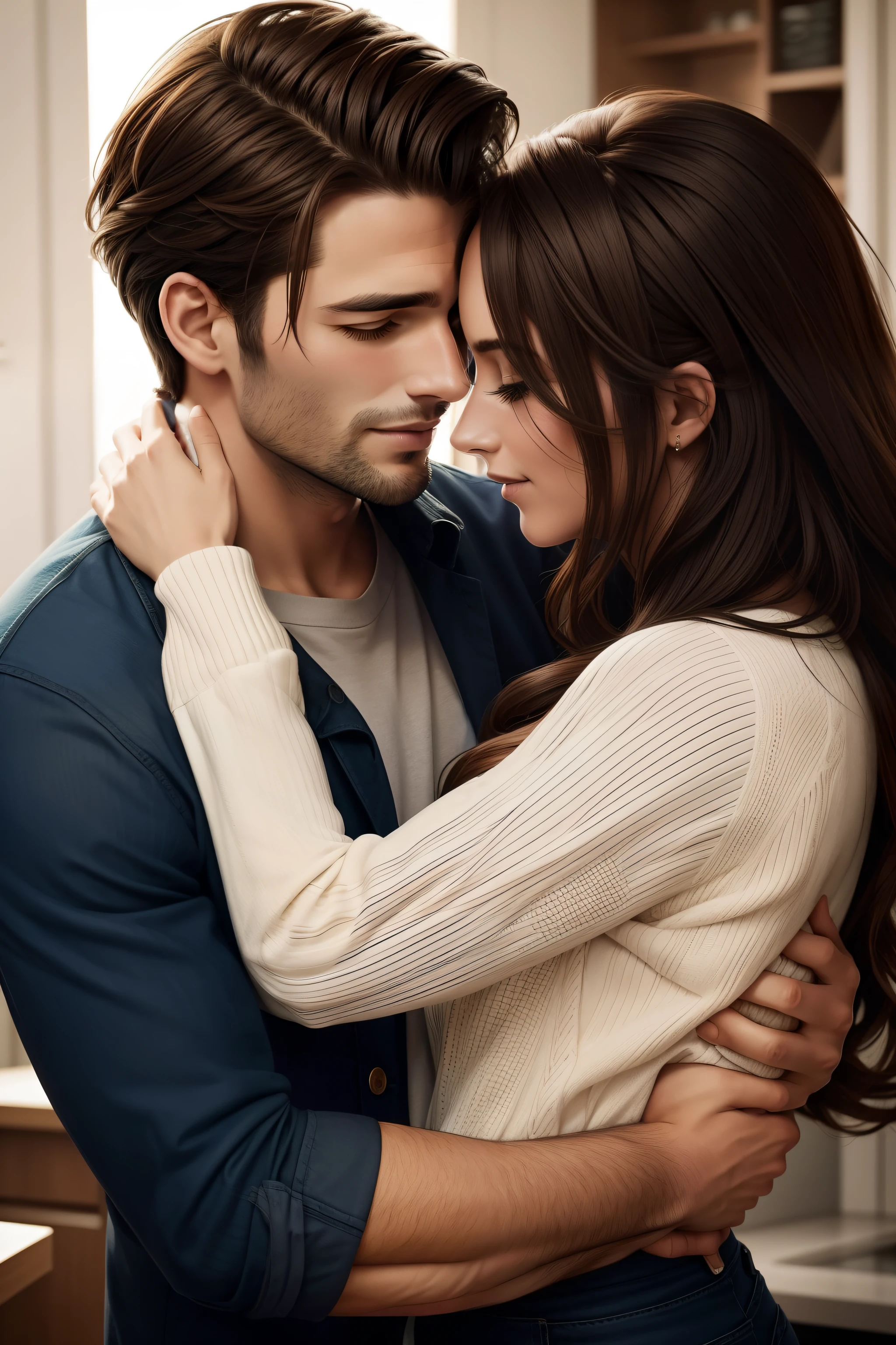 Beautiful man hugging a beautiful woman. Homem olha para frente, mulher olha para o lado.