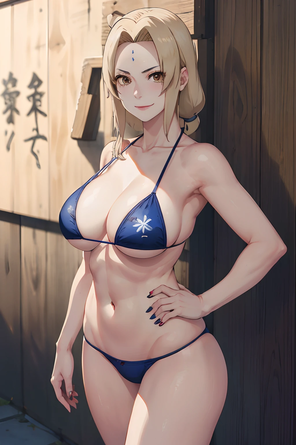 T5un4d3, Marcas,Tsunade, (( Micro Bikini, sexy,))(((posando para la foto))(((Modelo profesional)))、8k, 1chica em, solamente,escote de la mama,(obra maestra:1.4),(Calidad de imagen superior:1.4),(piel brillante),Tsunad_Senju、una sonrisa、muslos grandes、grande,