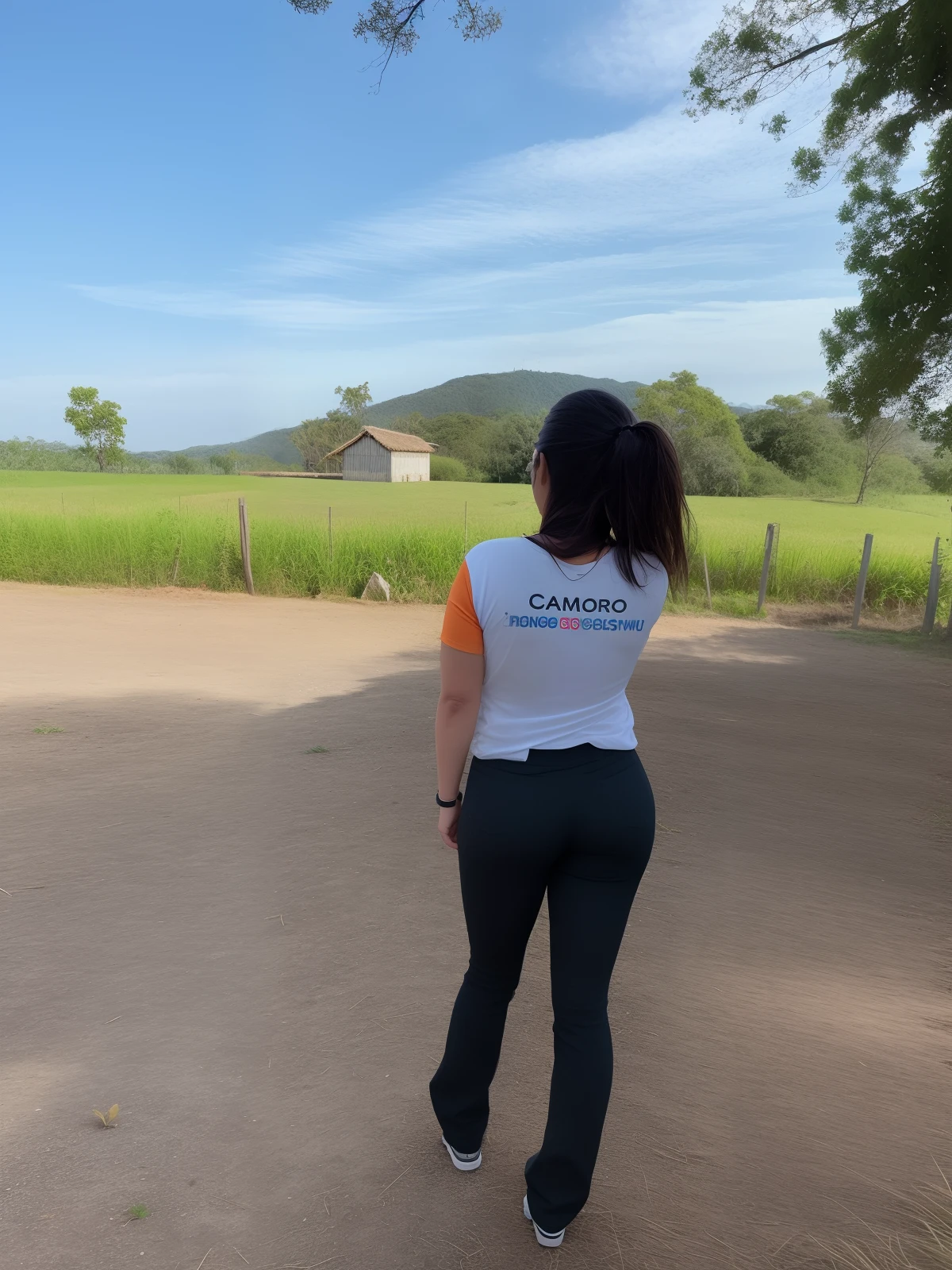 mulher andando em um terreno de cascalho com um campo ao fundo, Colinas ao fundo, distant full body view, in a scenic background, against the backdrop of trees, Karla Ortiz, com montanhas ao fundo, Standing in a field, com a terra ao fundo, em frente a um fundo de floresta, no campo, em um campo, temples behind her