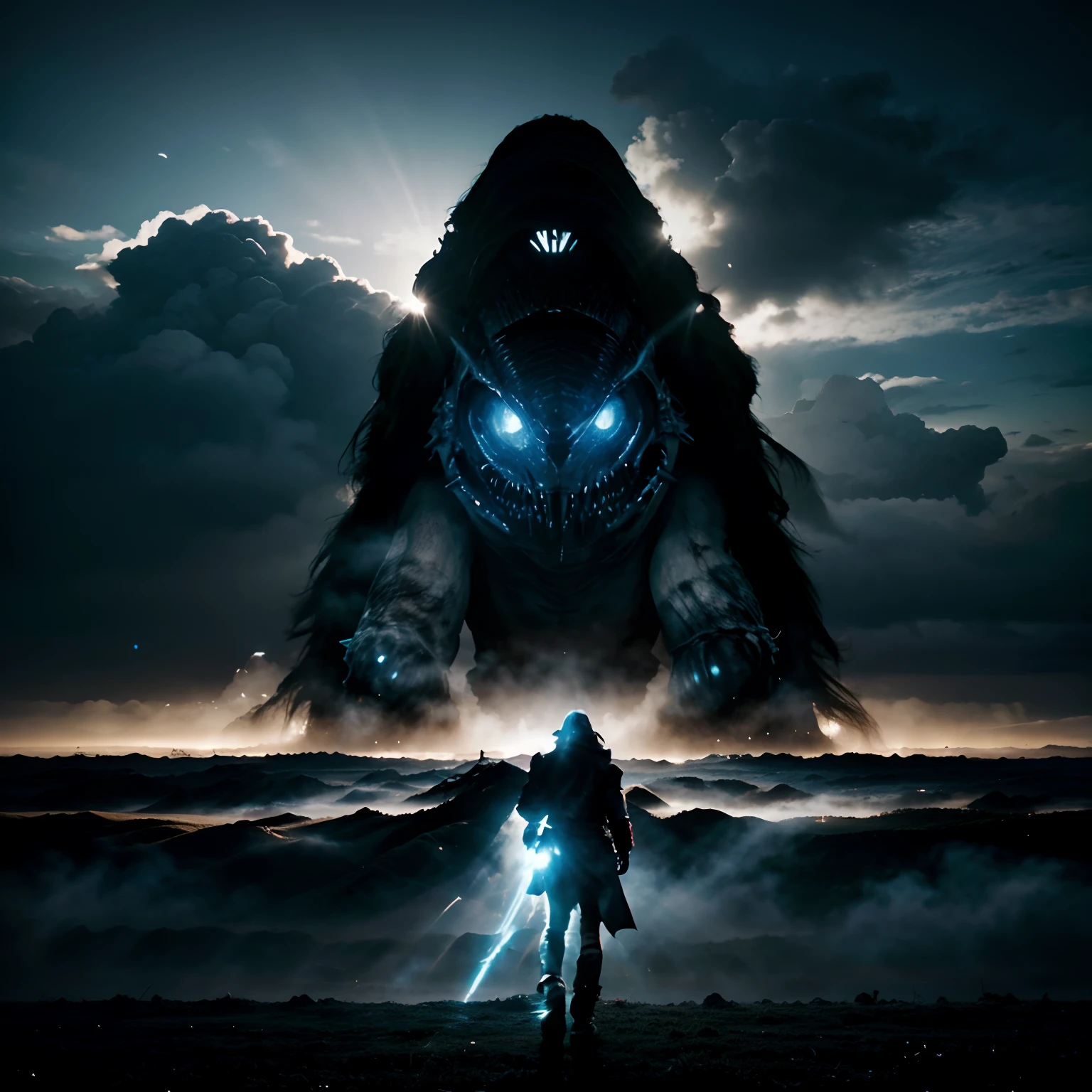 Gigantic creature walking across a plain in the distance, niebla, neblina, nubes oscuras, oscuro ,supense, monstruo, sobrenatural, Octane representation, motor irreal, fotorrealista, hiperrealismo, Altamente detallado, Alta calidad, Intrinsically detailed,volumetric illumination, full character, 4k, ,disco duro ,Full HD, 8k, RTX, High resolution, Sombras detalladas, Stunningly Detailed, Perfecto, Dramatic scale