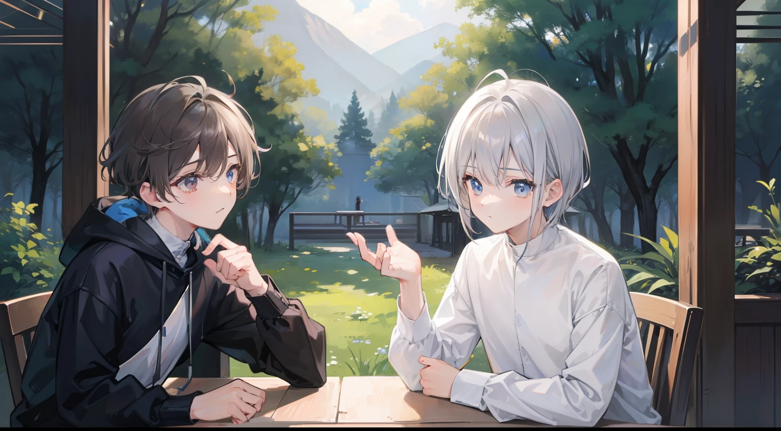 Two Boys, Silver-haired boy and brown-haired boy,the woods、teepee、Boys Love、Talking、hight resolution、ultra-detailliert