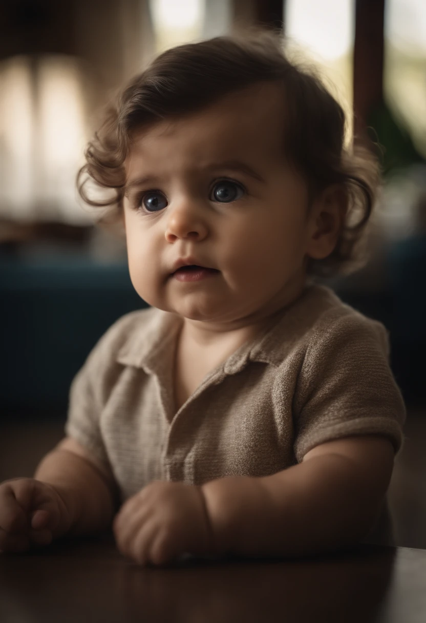 ((masterpiece), (best quality), (RAW photos), (Reality:1.4), highly realistic photograph, No portrait, 1 year old, A few strands of baby hair, Baldhead, Bright Eyes, Wearing a blue collarless T-shirt,The light from above shines down, (Dark blue background), Photo taken with Fujifilm XT3 in 1975