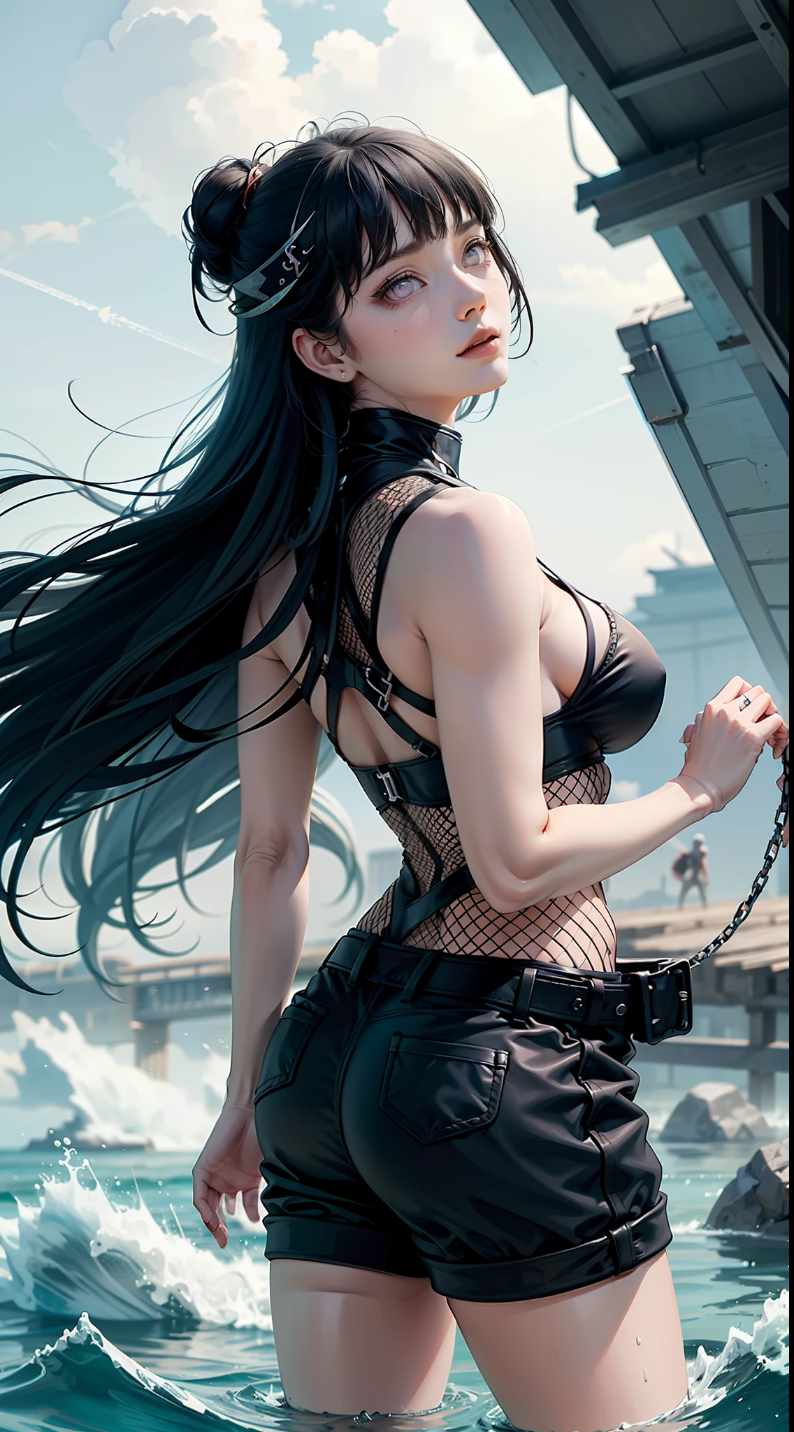 ((foto - ultra realista, 16k, Hinata Hyuga sexy, Deusa da Beleza, muito linda e perfeita Hinata Hyuga, detalhes perfeitos, foto profissional)), She is portrayed as a tall, jovem esbelta e graciosa, com longo, very dark purple hair that reaches to the waist. (Her eyes are pearl-colored), Characteristic of Hyuga clan members. Her lips are plump and perfect, ((Ela tem enorme, seios cheios, seios ultra-gigantes saindo de suas roupas, ((fishnet underwear, Erotic, transparente mostrando seus seios, seios gigantes)),  marcado, Transparent display , pernas largas, open sky, mostrando-lhe , pubic hair)), cueca transparente enfiada nela , corpo curvo, bunda empoleirada,  marcado, She has a delicate appearance and soft expressions, erotic.
foto perfeita cheia de detalhes, Brincos,
garments: Hinata geralmente usa um uniforme kunoichi Konoha sexy, consistindo de um colete preto com uma faixa azul, Black shorts on the rise, showing , ela usa botas, Em sua jaqueta, it has the Akatsuki cloud symbol. She wears a bandana around her neck
with a small metal plate engraved with the symbol of the leaf village, She also wears an open white jacket showing off her huge, long breasts, sobre o uniforme e as luvas sem dedos. (Ela tem um kit Kunai na cintura, She wears Kunai ninja in her hand).
Personalidade: Hinata Hyuuga is portrayed as a shy and excitable character who is reserved, especialmente em sua juventude. She is known for her kindness and empathy, often selflessly sympathetic and concerned about others. it is inspired by Naruto Uzumaki, ambiente: lago, Rio, aldeia.
bem iluminado, perfect lighting,
Poses: Several different variations. from the back showing the big ass and the padding in the middle,
armas: Kunai, armas ninja
Habilidades Ninja: Hinata Hyuuga ninja
  He specializes in hand-to-hand combat techniques, using the fighting style of the Hyuga clan, que se baseia em ataques precisos e no uso do Byakugan para identificar