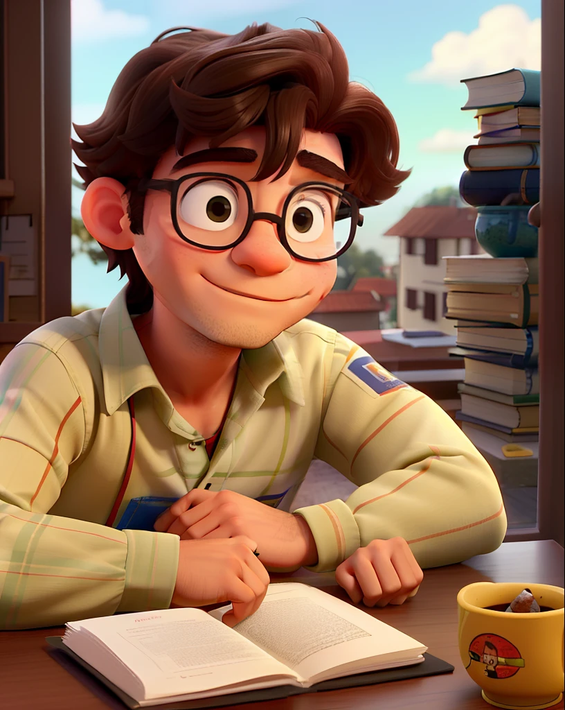 Um homem vestindo uma camisa amarela, Next to it is a table with books about theater, com janela, acompanhado de um gato preto, lendo Romeu e Julieta , cabelos pretos, Rosto redondo, pouca barba, The sky that appears in the window is dark and starry,