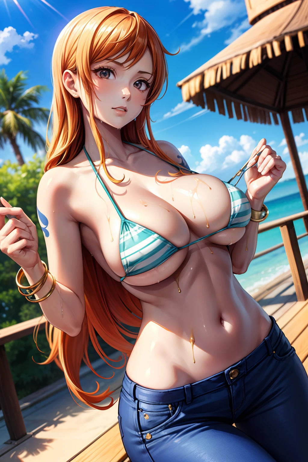 ((masutepiece)) ((Best Quality)) ((ultra-detailliert))  ((1womanl)) ((bikini of)) ((bikini top only)) ((Orange long hair)) ((Silky long hair)) ((Tattoo on the right shoulder))  ((long snout)) ((One Piece NAMI)) ((Nami)) ((Wet body)) ((Big Tits))  ((Attractive eyes)) ((Sharp eyes)) ((Slim body)) ((High-resolution shadows)) ((Attractive colors)) ((Blue sky)) ((Log pose in her hand)) ((gold bracelets)) , Tight , Lowrider jeans , Light Shadows、fullnude