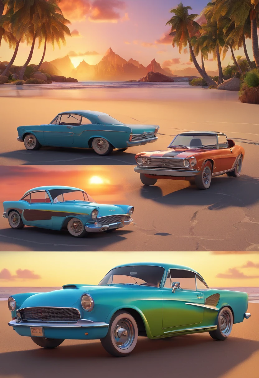 Cartoon of friends having fun on vacation together, 3D Animation Movie Poster, Poster de filme animado, jovem de 23 anos, alto e magro, pele clara, with black shirt and cap, sentado no capo de um chevrolet antigo, sorrindo, And behind him in the sunset, na praia, With several vintage chevrolet vehicles, mustang, Porsche on display, pixar renderman rendering, maia 8 mil, animated film, Disney Pixar Estilo 3D, Disney Pixar Animation Poster