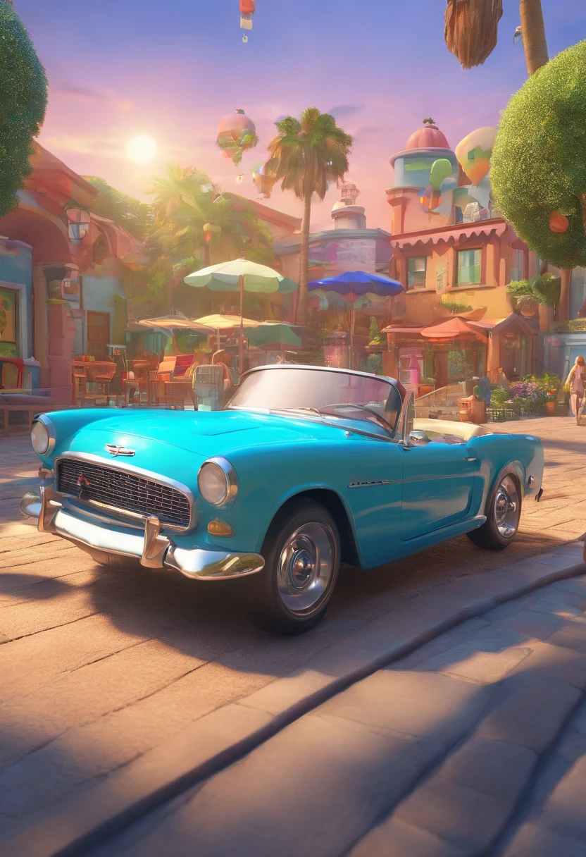 Cartoon of friends having fun on vacation together, 3D Animation Movie Poster, Poster de filme animado, jovem de 23 anos, alto e magro, pele clara, with black shirt and cap, sentado no capo de um chevrolet antigo, sorrindo, And behind him in the sunset, na praia, With several vintage chevrolet vehicles, mustang, Porsche on display, pixar renderman rendering, maia 8 mil, animated film, Disney Pixar Estilo 3D, Disney Pixar Animation Poster