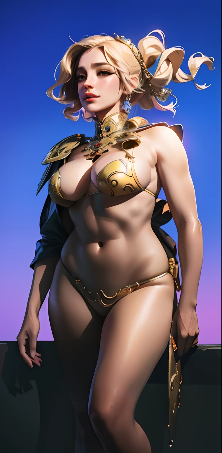 Una mujer en bikini y armadura dorada posando para una foto, cinematic goddess body shot, diosa. Detalle extremadamente alto, Artgerm Julie Bell Beeple, CGsociety de cuerpo completo, Thicc, 3D render character art 8 k, hyperdetailed fantasy character, Rendido divino, Renderizado del motor irreal + una diosa, Cushart Krenz Key Art Femenino