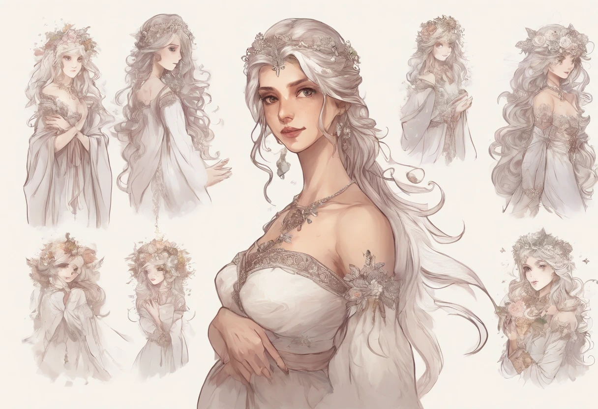 Mulher , adulta , roupas longas , cabelo Branco  , (Tattoos on the arm), roupas brancas , white dress , maga , magia , celestial , semideusa , 5-fingered hands
