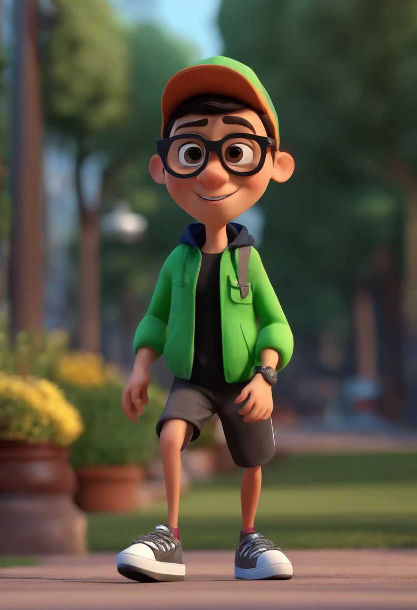 Cartoon character of a skater in line with black glasses and a black and green shirt, animation character, Caractere estilizado, animation style rendering, 3D estilizado, Arnold Maya render, 3 d render stylized, toon render keyshot, Personagem 3D, Personagem 3D, 3d rendering stylized, 3 d character render, personagem de desenho animado, Personagem de close up, Pose de personagem,  (Estilo Pixar) (master part:1.2) (Bokeh) (best quality) (pele detalhada) (textura detalhada) (8k) (argila) (Cinematic lighting) (foco nítido