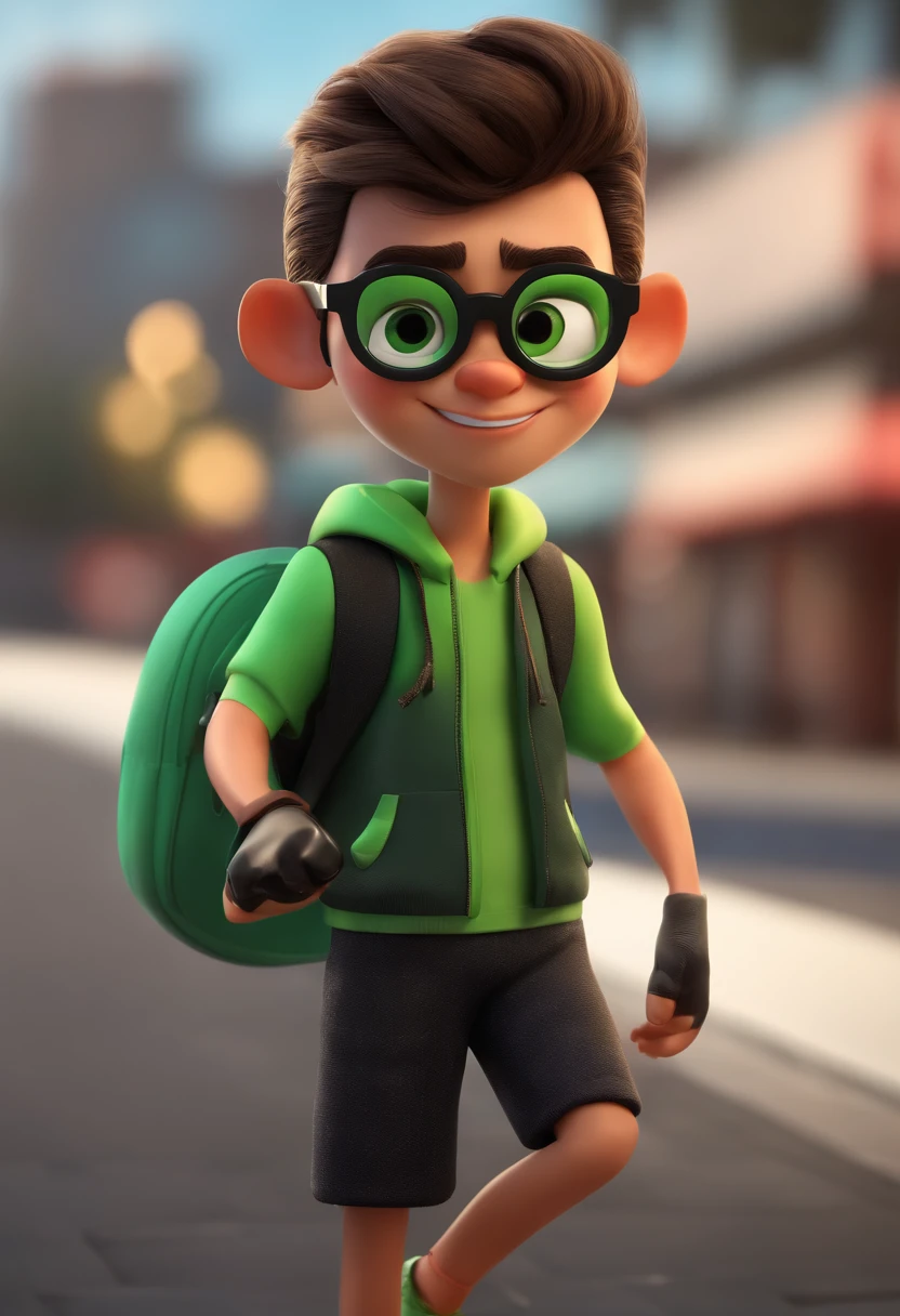 Cartoon character of a skater in line with black glasses and a black and green shirt, animation character, Caractere estilizado, animation style rendering, 3D estilizado, Arnold Maya render, 3 d render stylized, toon render keyshot, Personagem 3D, Personagem 3D, 3d rendering stylized, 3 d character render, personagem de desenho animado, Personagem de close up, Pose de personagem,  (Estilo Pixar) (master part:1.2) (Bokeh) (best quality) (pele detalhada) (textura detalhada) (8k) (argila) (Cinematic lighting) (foco nítido